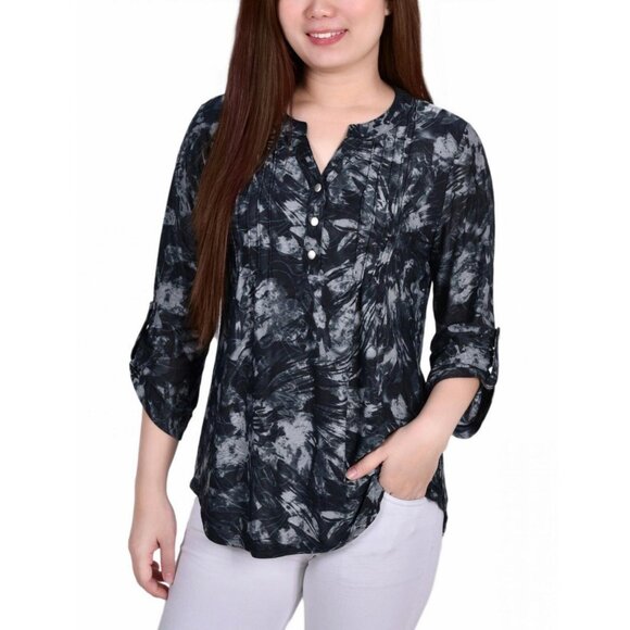 NWT Ny Collection Sleeve Roll Tab Y-neck Pullover Top PNKU2238 PL Black Multi - Picture 1 of 7
